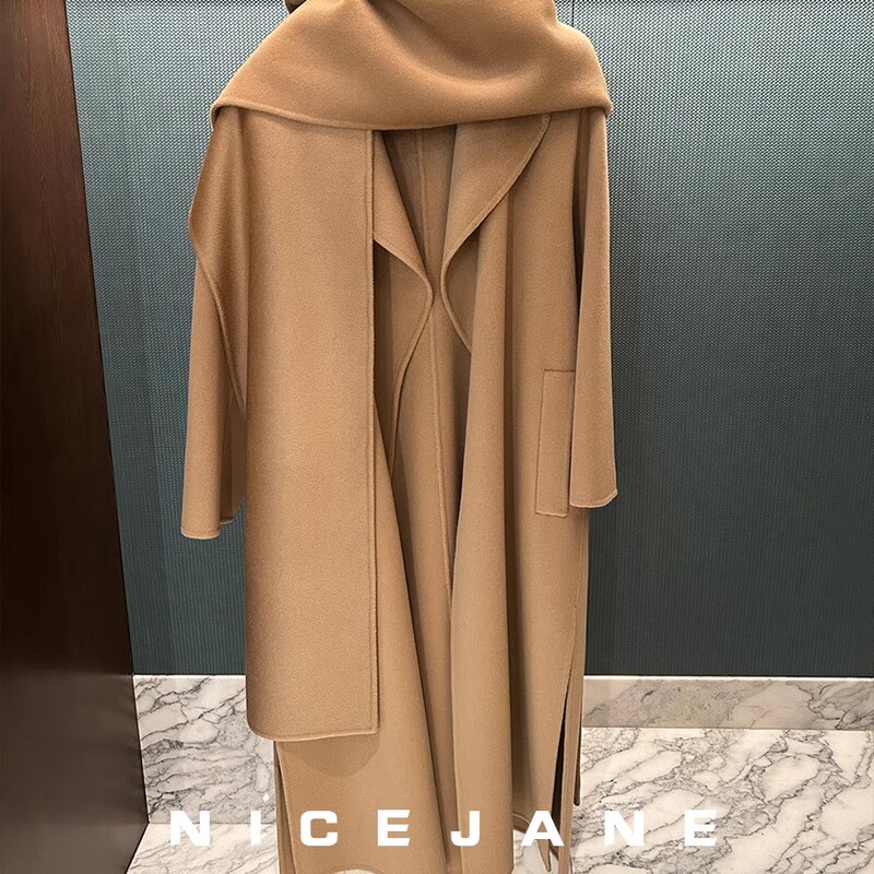 High-End Old Money Style Camel Double-Sided Cashmere Coat for Women with Handmade Tie Scarf Wrap-Style Woolen Coat High-End Old Money Style Camel Double-Sided Cashmere Coat for Women with Handmade Tie Scarf Wrap-Style Woolen Coat