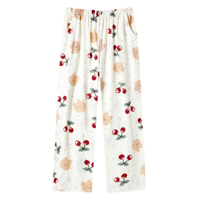 Pure cotton pajamas women's spring and autumn trousers cherry trousers thin sweet and cute loose large size anti-mosquito one-piece home trousers summer