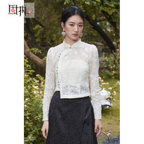 Stubborn 2024 Fall new Chinese style Collar Bubble Long Sleeve Lace Shirt Short blouses 80133SY08398