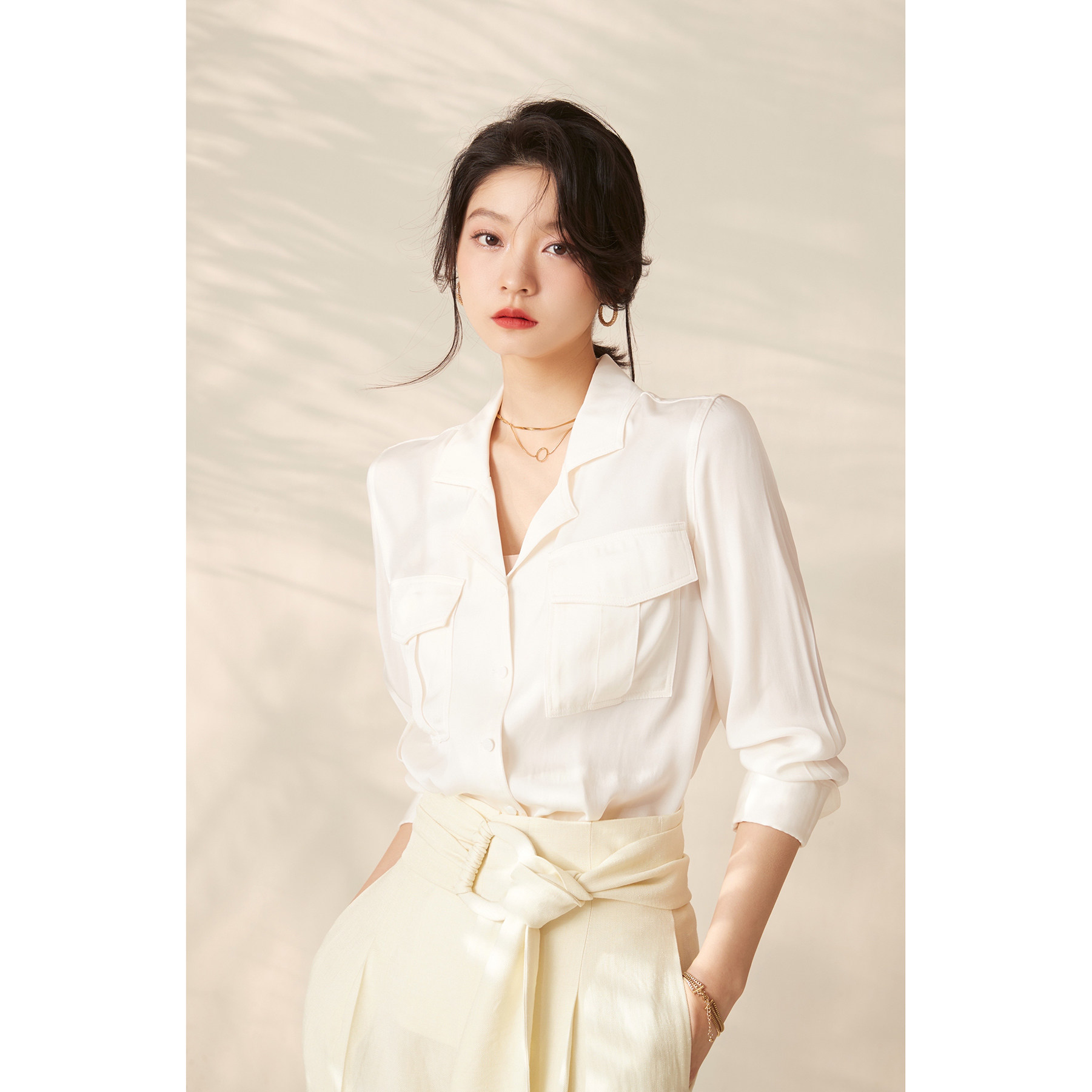 AS Temperament Style White Real Silk Lady Long Sleeve Shirt New Design Sense Original Little Crowdsauna Silk Blouse Women