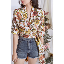 AS high-end temperament series | High luxury ritual feeling acetic acid silk French color print shirt Women autumn 2021
