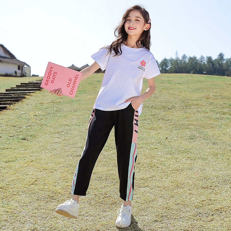 Net Red Girl Sports Suit Summer Dress Short Sleeves 2022 New Foreign Pie CUHK Child Summer Girl Thin Clothes