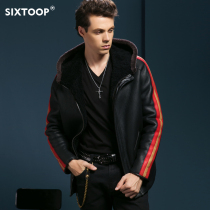six toop hooded sheep fur leather clothing mens short winter fashion leather fur jacket
