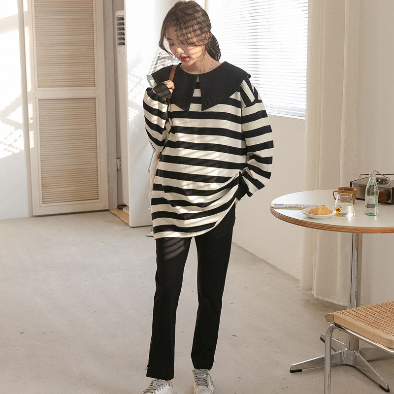 Pregnant woman's spring dress striped blouse with long version of reduced-length sleeves T-shirt Han version loose with large size for spring casual blouse