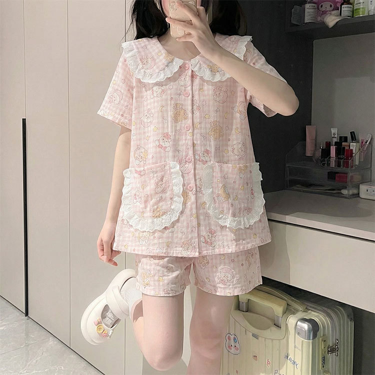 Pajamas with Breast Pads for Women, Summer Short-Sleeved Shorts, Cloud Cotton, Sweet and Cute Doll Collar, Kitten Home Wear Set