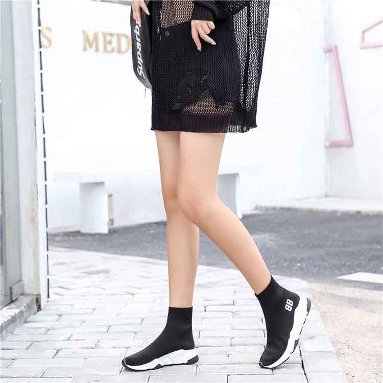 Giày bốt nữ 2019 xuân mới cao cổ cao, giày cao cổ co giãn đế mềm đế dày tăng giày đan - Giày cao gót giày thể thao nữ