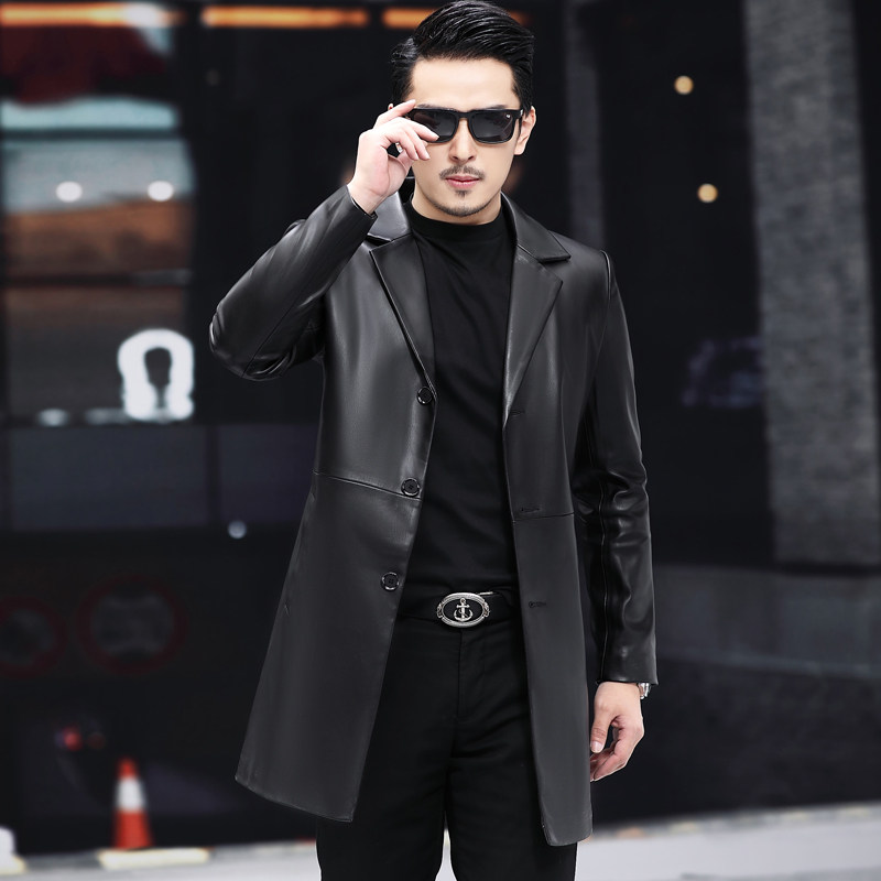 2022 new leather jacket men's Haining sheep leather mid-length windbreaker leather jacket men's suit collar jacket fashion - Taobao