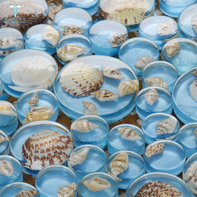 Round blue red Mediterranean shell mosaic Powder room Bathroom wall sticker Resin personalized tile building materials