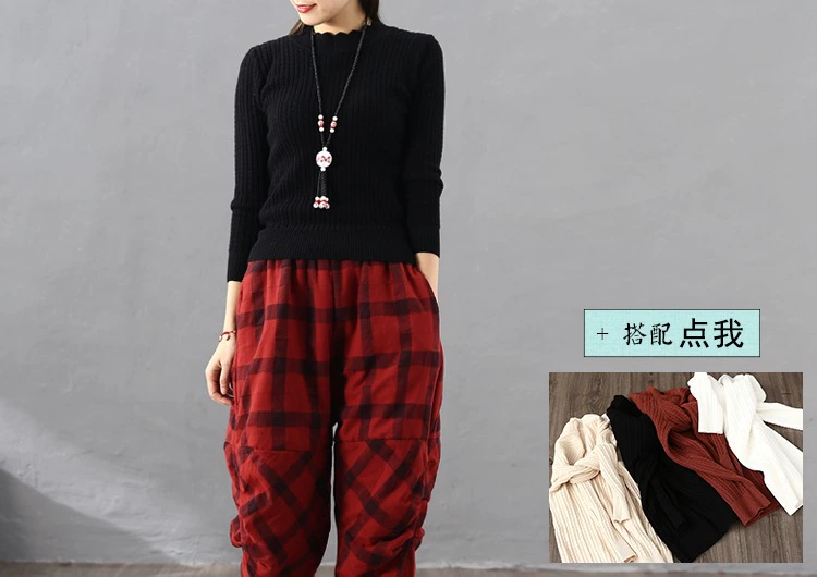 Mùa đông kẻ sọc dày cotton và lanh lỏng cộng với quần cotton bên ngoài mặc quần nhăn nhăn quần retro harem quần quilted phụ nữ