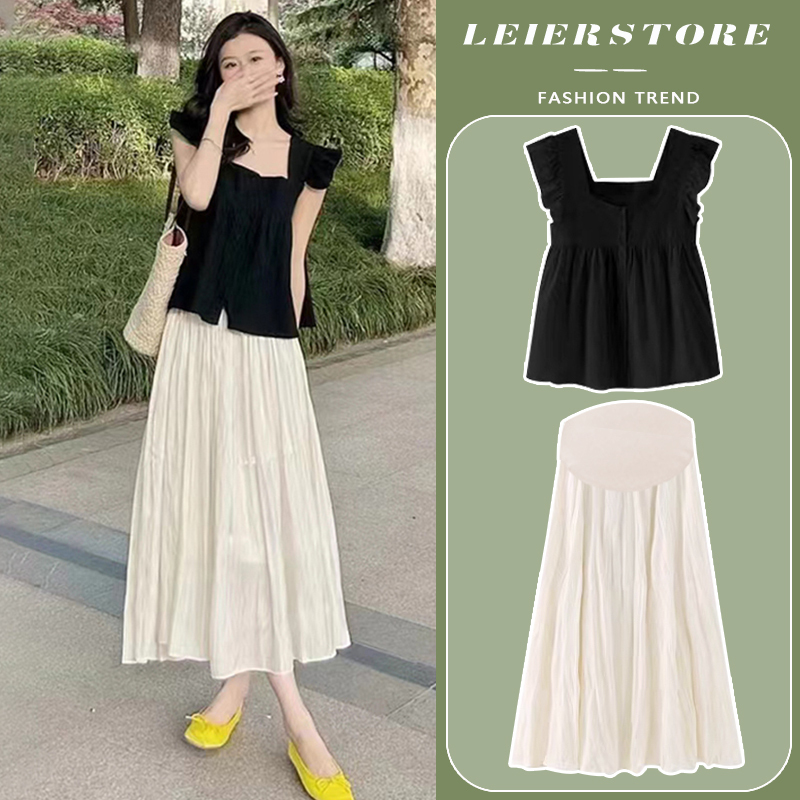 Maternity Dress Set, Fashionable and Trendy, Summer Hot Mom Black Sleeveless Loose Top and Skirt Two-Piece Set