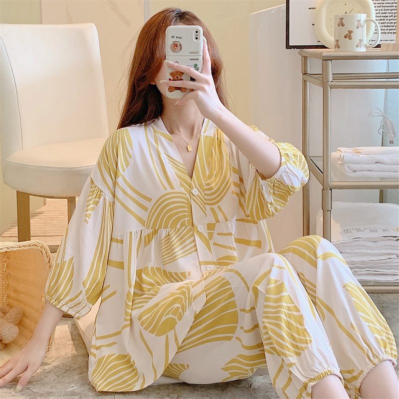 2025 New Style Pajamas for Women, High-End Loungewear, Short-Sleeved Long Pants Set, Sweet and High-End, Plus Size, Can Be Worn Outside