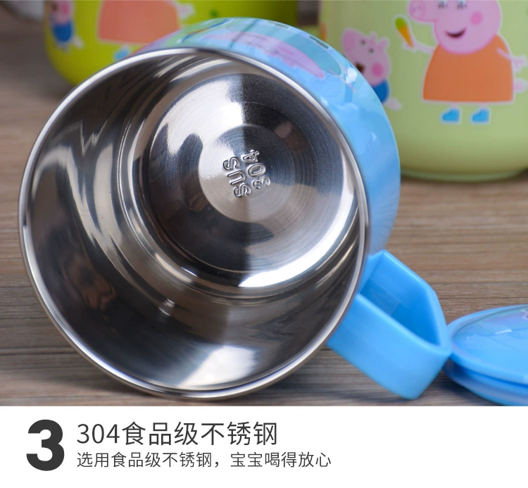 Bé uống cốc nước inox 304 bé hoạt hình tay cầm dễ thương có nắp che nhà chống cào chống ngã bình nấu nước giữ nhiệt