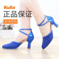  New high-heeled womens Latin dance shoes womens high-heeled adult square Latin shoes blue sequined dance shoes