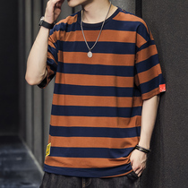 Stripe T-Shirt Short Sleeve Men Summer 2022 New Loose Pins 100 Hitch Loose half sleeves Shirt Clothing