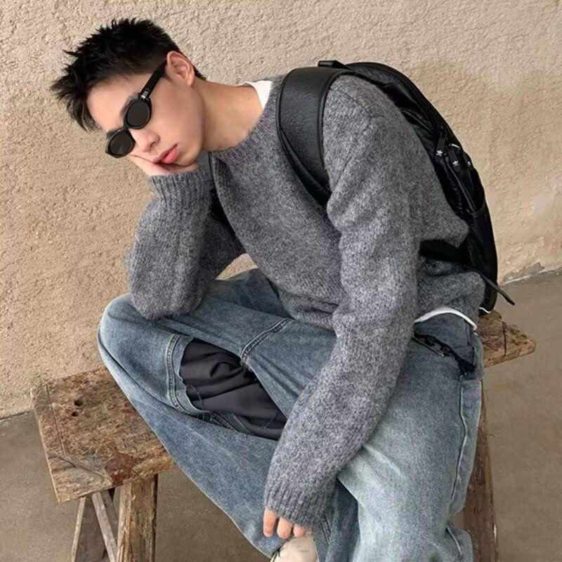 2026 Autumn/Winter Vintage Simple Round Neck Sweater for Men Trendy Plus Size 150kg Loose Fit Versatile Solid Color Knitwear