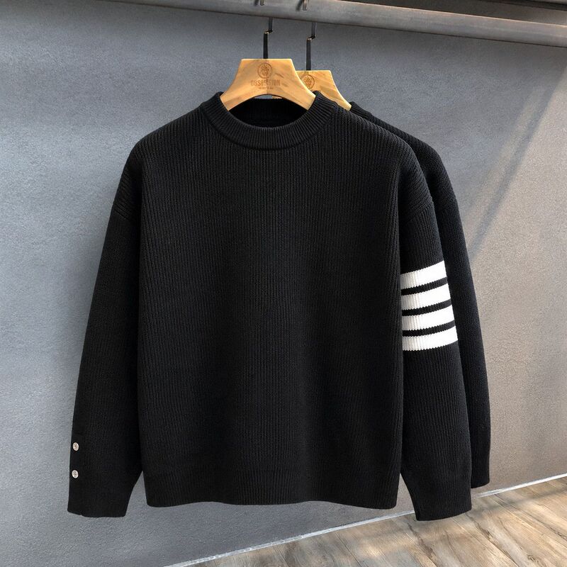 Hong Kong Style Plus-Size Autumn and Winter Men's Round-Neck Sweater, Black Loose-Fit Korean-Style Knit Top for Big Men, Trendy Outerwear