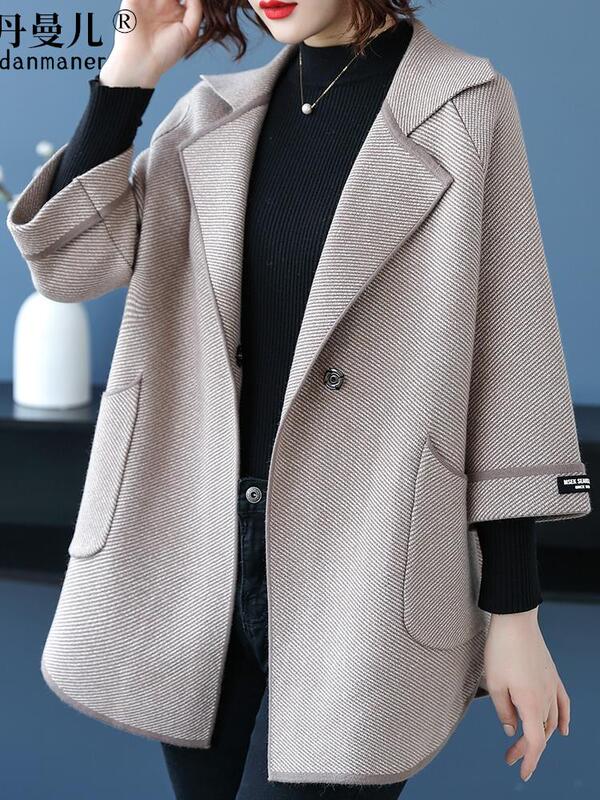 Plus-Size Women's Spring and Autumn Clothing, Three-Quarter Sleeve Double-Sided Fleece Knit Jacket, Extra Large Size, Loose and Versatile Knit Coat