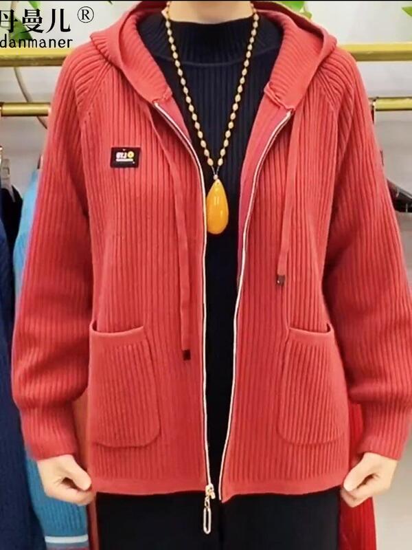 2023 Spring New Vertical Stripe Hooded Letter Logo Zipper Jacket Casual Women's Clothing for Middle-Aged and Elderly Mothers