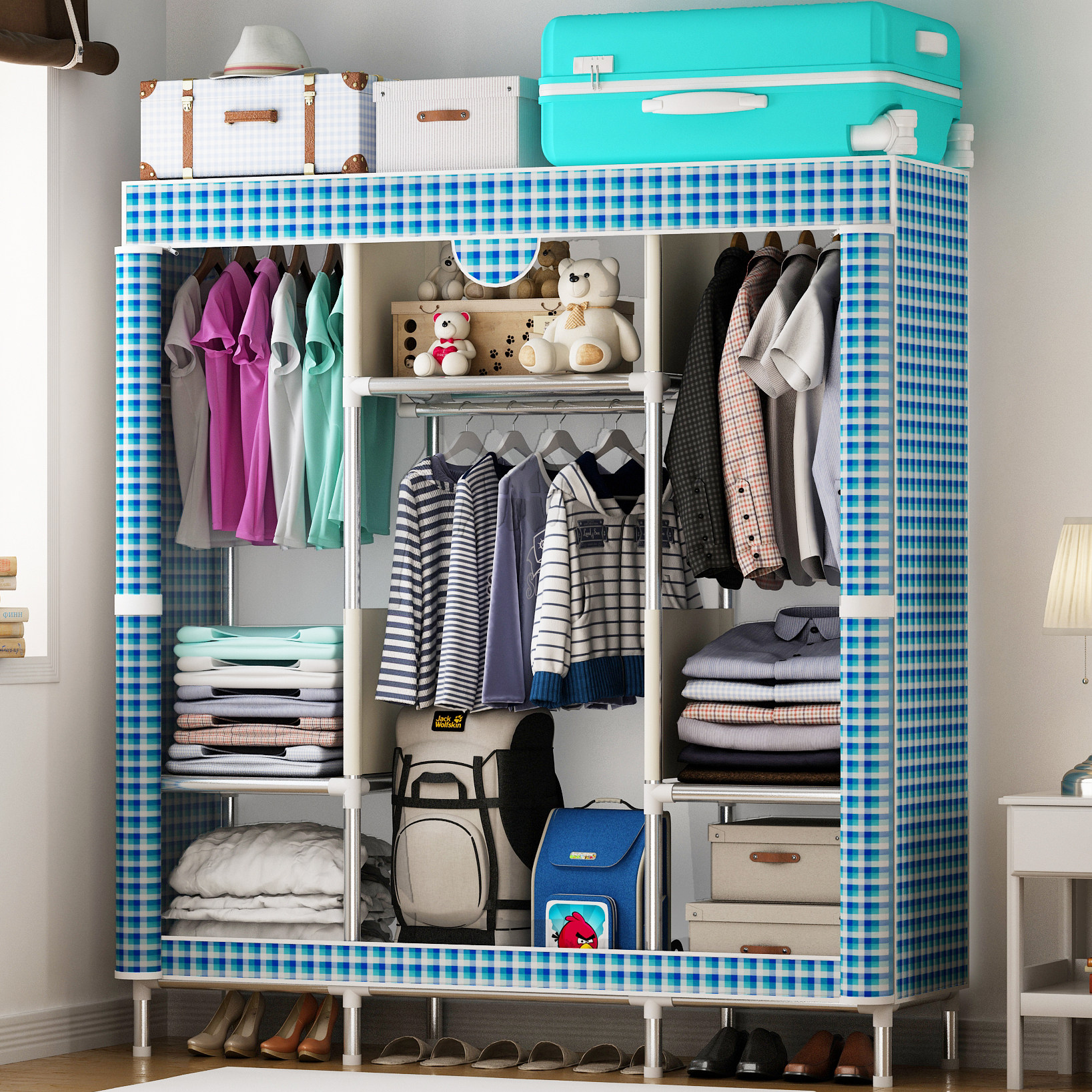 Household 25MM simple cloth wardrobe steel pipe bold reinforcement waterproof single-double assembly Oxford cloth wardrobe dormitory