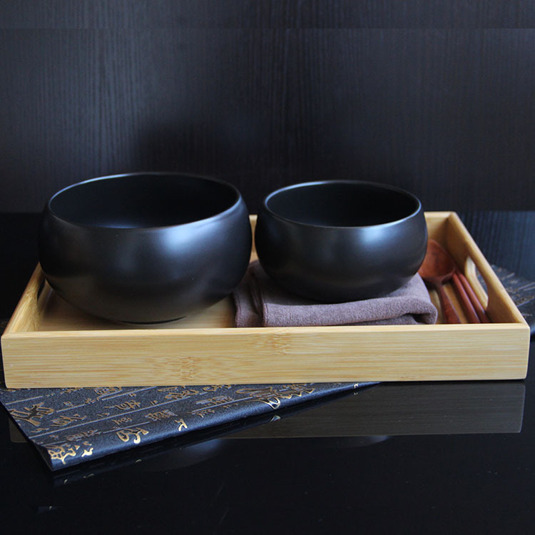 Retro Black Ceramic Bowl, Monk's Bowl, White Porcelain Rice Bowl, Bamboo Tray, Wooden Spoon and Chopsticks Bowl Set