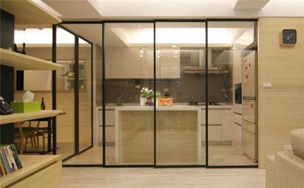 Black narrow thin frame Kitchen Ramen Porch Balcony Living Room Mobile Door Glass Partition Door Manufacturer Customised