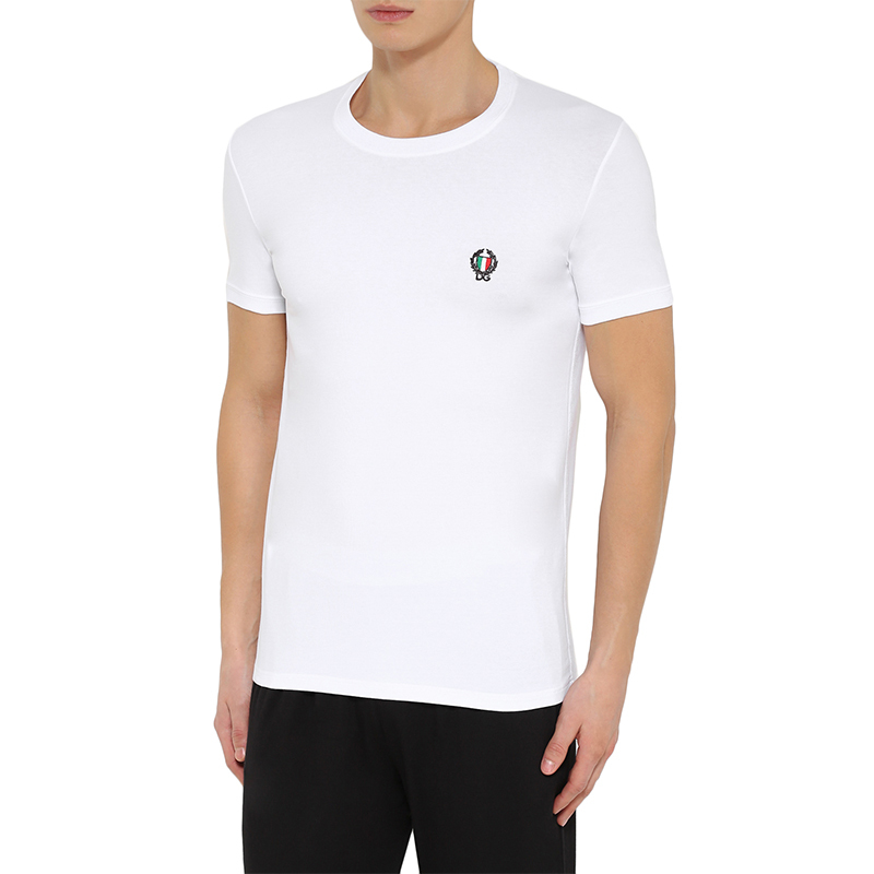Dolce&Gabbana Men's Short-Sleeved T-Shirt White Round Neck Embroider Simple Style Breathable Summer