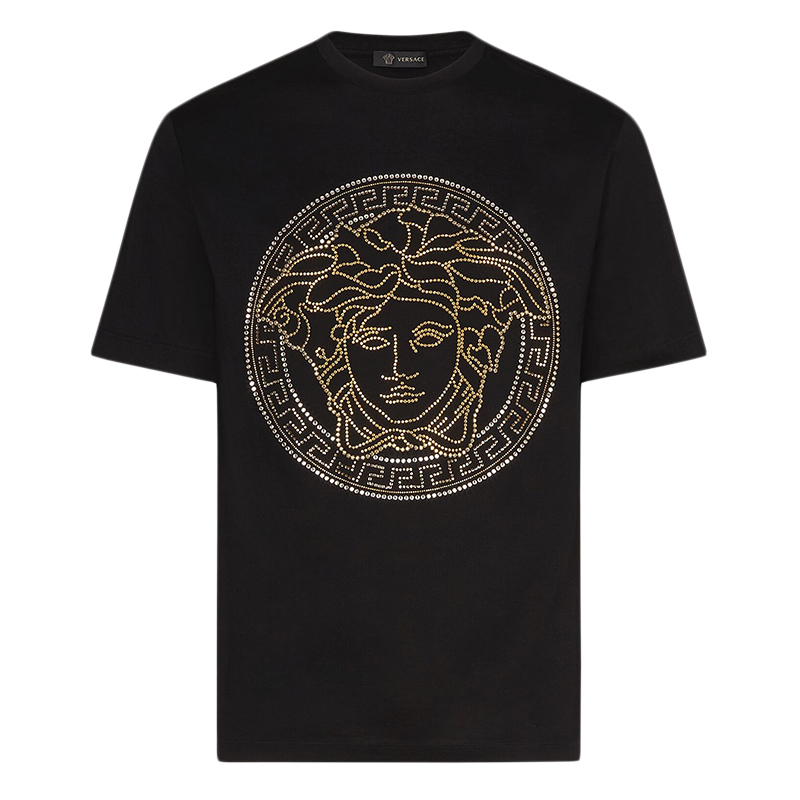 Versace/Versace Men's Summer Gold Bead Embellished Logo Medusa Head Round Neck Short Sleeve T-Shirt