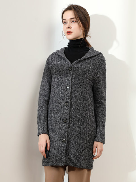 Velvet Hooded Wool Knitted Cardigan for Women, Mid-Length, Thickened, 2025 Autumn and Winter New Pure Wool Hooded Coat