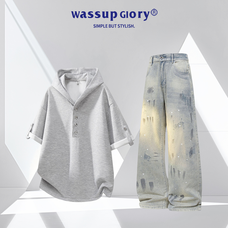 Wassup Glory American Casual Suit for Men, Summer Henley Collar Hooded Short-Sleeved Men's Outfit, a Stylish Set Wassup Glory American Casual Suit for Men, Summer Henley Collar Hooded Short-Sleeved Men's Outfit, a Stylish Set