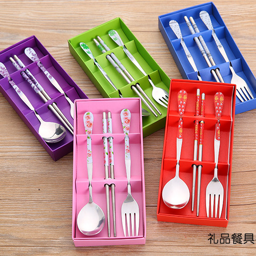 Wedding chopsticks spoon Three suit cutlery portable chopsticks tablespoon adult long handle stainless steel fork