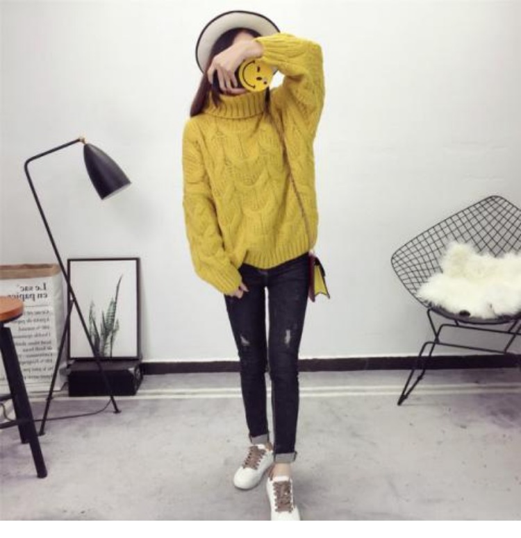 Cổ áo len cao cổ rộng của phụ nữ đầu lỏng lẻo dòng len mùa thu và mùa đông Hàn Quốc dày lên lười biếng xoắn áo khoác đáy áo kiểu nữ
