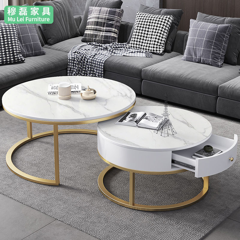 Nordic rock plate coffee table combination Simple modern living room Gray marble flower a few small apartments multi-functional round
