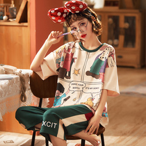 Sleepwear Women Summer Pure Cotton Short Sleeves Seven Pants Cartoon Gats Up Extra Yard 200 catty mm Thin Underpants Suit