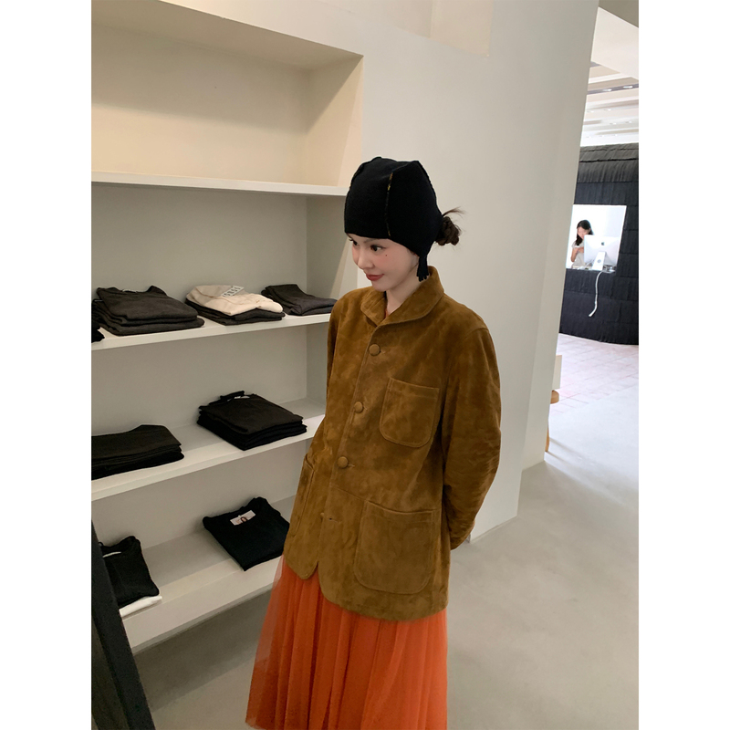 Le Rouge Zhou Meimei Hazelnut-Colored Cute Lapel Imported Sheepskin Suede Leather Jacket