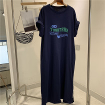 Cotton student loose T-shirt pajamas womens long over-the-knee large size short-sleeved nightgown summer fat mm outer wear home clothes