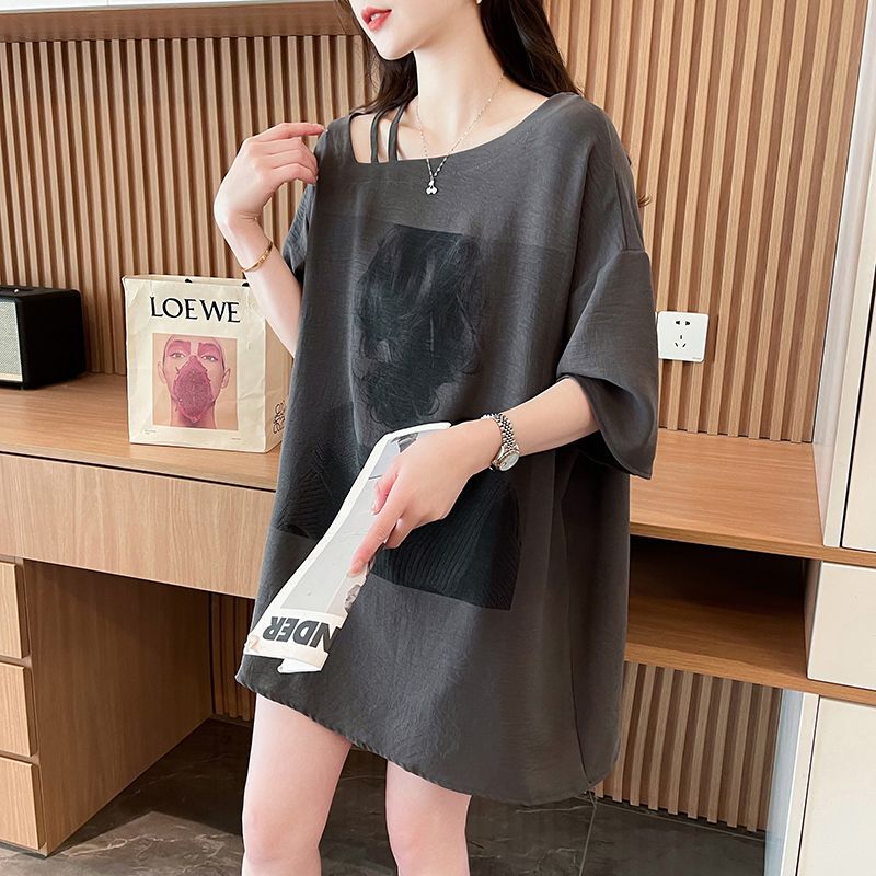 Petite Off-Shoulder Sexy Mid-Length Short-Sleeve T-Shirt Nightgown for Women, Summer Plus Size Loose Pure Cotton Nightdress 2025 New Style