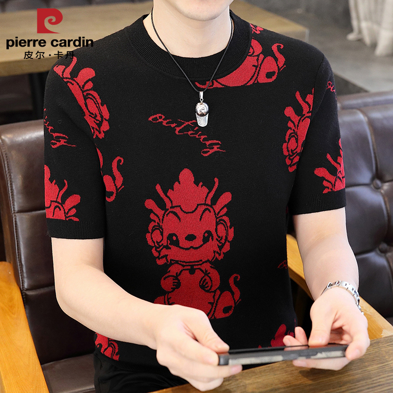 Pierre Cardin High-Quality Short-Sleeved Sweater Men's Spring & Fall New Round-Neck Pullover Trendy Men's Knitted T-Shirt Base Layer