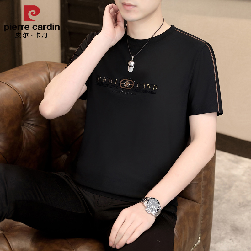 Pierre Cardin's New Ice Silk Seamless Short-Sleeved T-Shirt for Men in Summer, Light Luxury Trendy Men's Fashionable Round-Neck Half-Sleeved T-Shirt Top