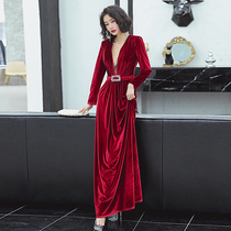 Velvet Evening Women 2020 New Aura Queen High-end Banquet Temperament Sexy Long Wine Dress