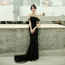 Banquet evening dress female 2020 New temperament Noble elegant black long host dress female dignified atmosphere
