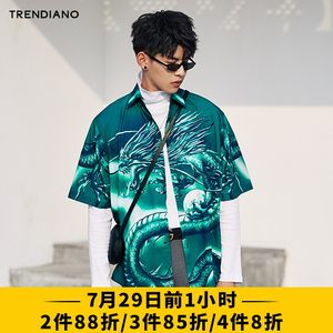 TRENDIANO男装夏装中长款宽松字母印花短袖衬衫3GI2014490