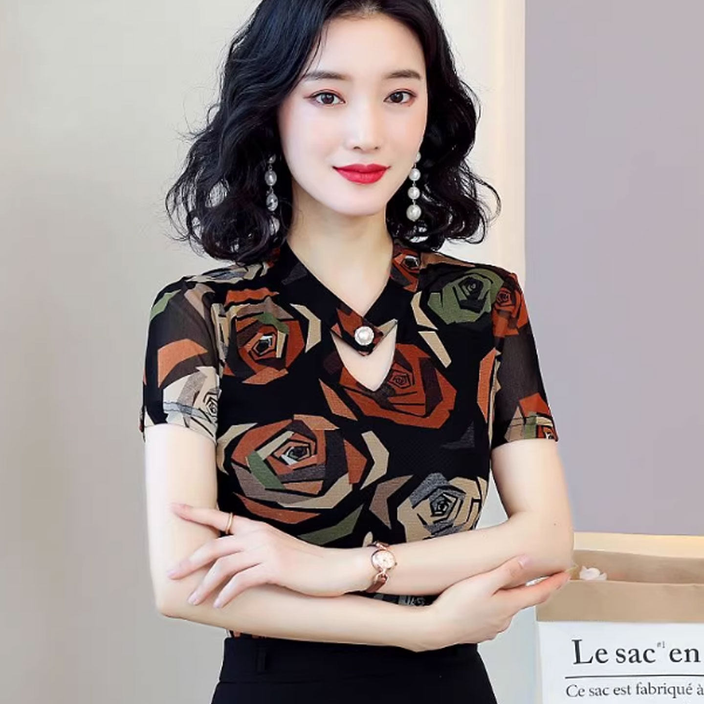 高档中年妈妈装印花短袖上衣女夏季新款修身百搭时尚遮肚打底小衫