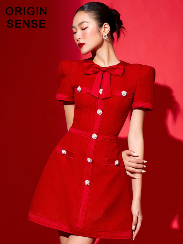 Bow-Tie Little Red Dress in Chanel Style for Petite Women, Red Dress for Women, Light Luxury, High-End Socialite Style