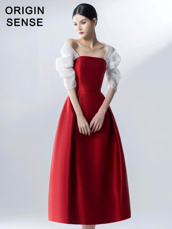 High-End Satin Light Luxury Slightly Sexy Princess-Style Long Dress with a Large Hem, Off-Shoulder, Mid-Sleeve, Convertible Shawl, Dark Red Mini Dress