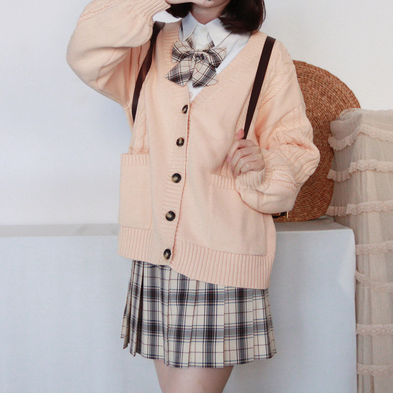 Jk Autumn and Winter New College Style Cardigan Sweater Thickened Cable Knit Jacket with Youthful Lantern Sleeves and Puff Sleeves
