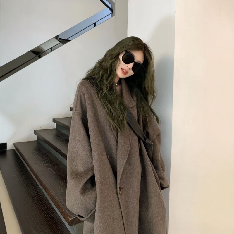 Mocha Brown Double-Sided Cashmere Coat for Women, Mid-Length, Lazy Style, 2026 New Korean Style Loose Woolen Coat