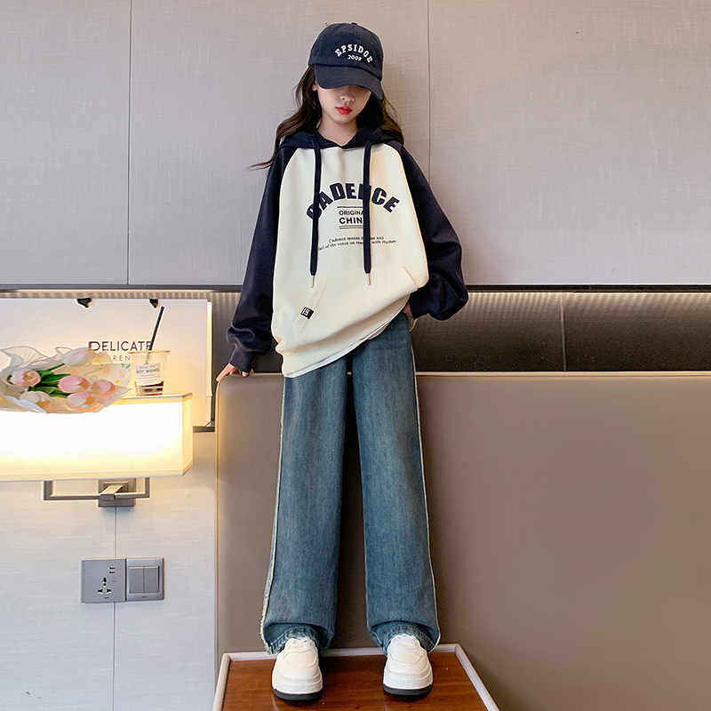 Girl Sweatshirt Autumn Clothing Suit 2023 Ocean Gas Children Fall Blouses Big Boy Jeans Autumn Winter Plus Suede Two Sets-Taobao