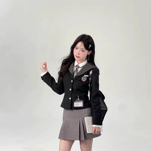 Корейская студенческая юбка в складку, комплект, пиджак классического кроя, корсет, рубашка, 3 предмета