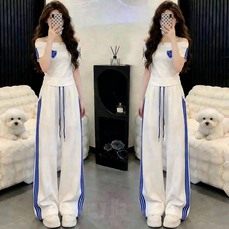 Super Cool Outfit for Women, Summer 2026, Off-Shoulder Short-Sleeve T-Shirt, Wide-Leg Pants, Slimming, Cool and Stylish Two-Piece Set