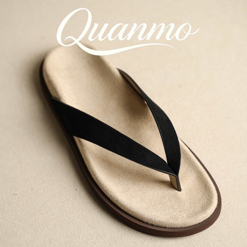 Quanmo Men's Old Money Style Flip-Flops for Outdoor Wear, Non-Slip, Versatile Beach Sandals, Genuine Leather Casual Men's Shoes